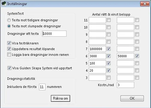 The settings dialog: test against historical or randomly generated draws, how many to run, and a prize table from three to eleven correct numbers with the cost per row