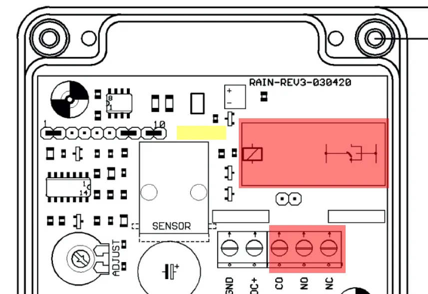 Drawing of the sensor's board with the relay and its CO/NO/NC output terminals highlighted — the parts the modification removes
