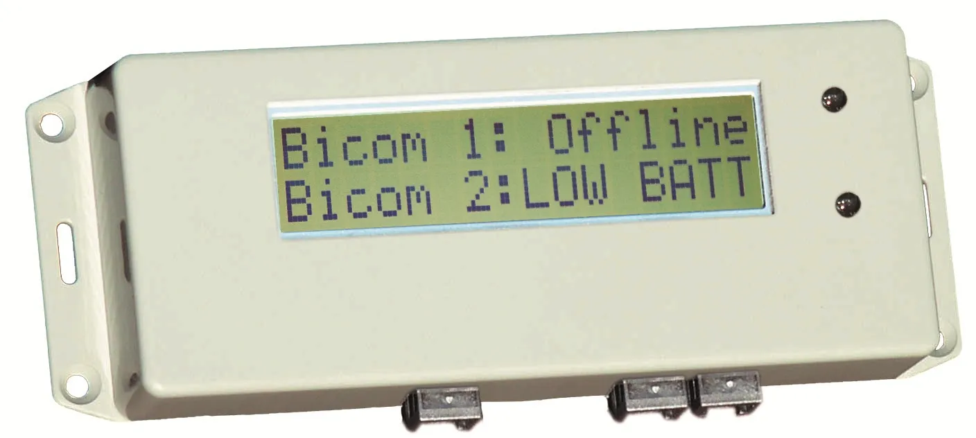 The BiMonitor's two-line display reading 'Bicom 1: Offline' and 'Bicom 2: LOW BATT', with two indicator lamps beside it