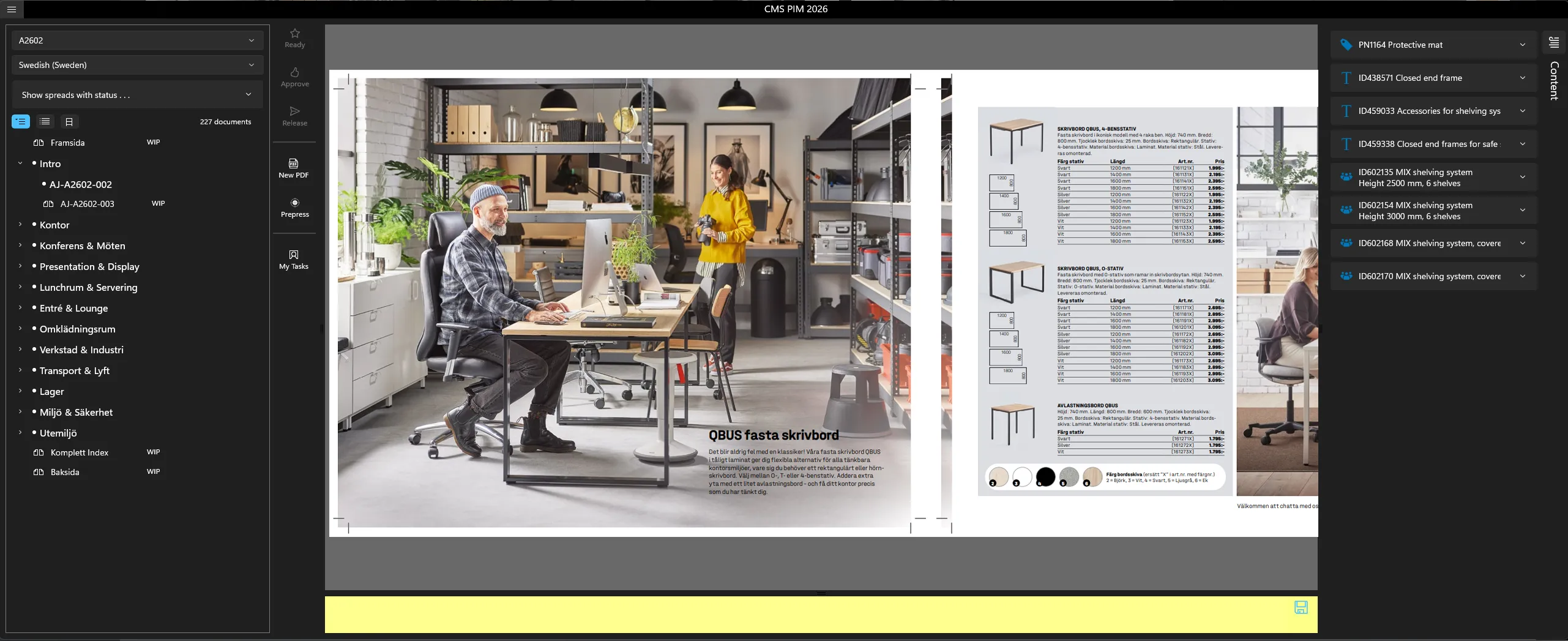 The CMS PIM 2026 client: a publication’s section tree and status filter on the left, a command rail for Ready, Approve, Release, New PDF and Prepress, a catalogue spread preview of office desks in the centre, and the spread’s product list on the right