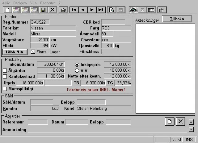 ROLF's vehicle record: registration, make and model above a margin calculation from purchase price to retail price