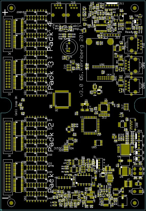 The monitoring board's layout, marked v3.0 2014, with connector banks for four cell packs, pack and cabin temperature inputs, and two CAN ports