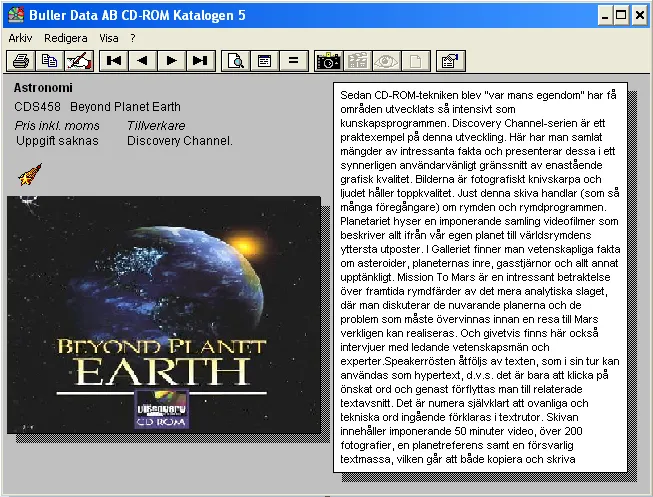The catalogue showing one title, Discovery Channel's 'Beyond Planet Earth', with its cover art, price, manufacturer and description