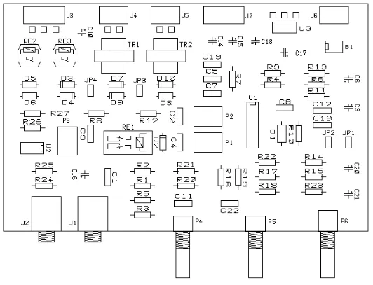 The component placement drawing for the SimCom board, with its connectors, transformers and relays laid out