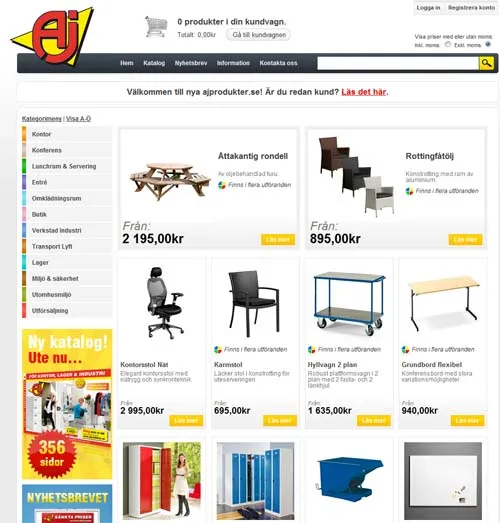 The ajprodukter.se home page after the 2010 relaunch: category list down the left, a product grid with prices, and a catalogue promotion