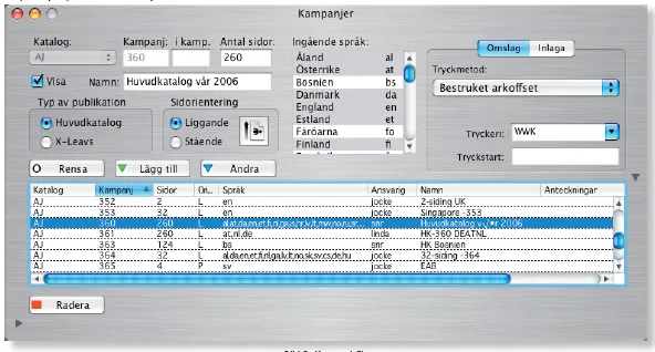 The campaign window for 'Huvudkatalog vår 2006': 260 pages, the countries and languages it runs in, and the chosen print method and printer