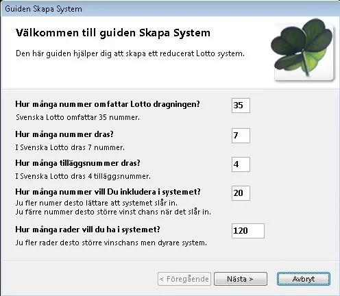 The Skapa System wizard for building a reduced system: how many numbers the draw covers, how many are drawn, how many additional numbers, and how many numbers and rows the system should have