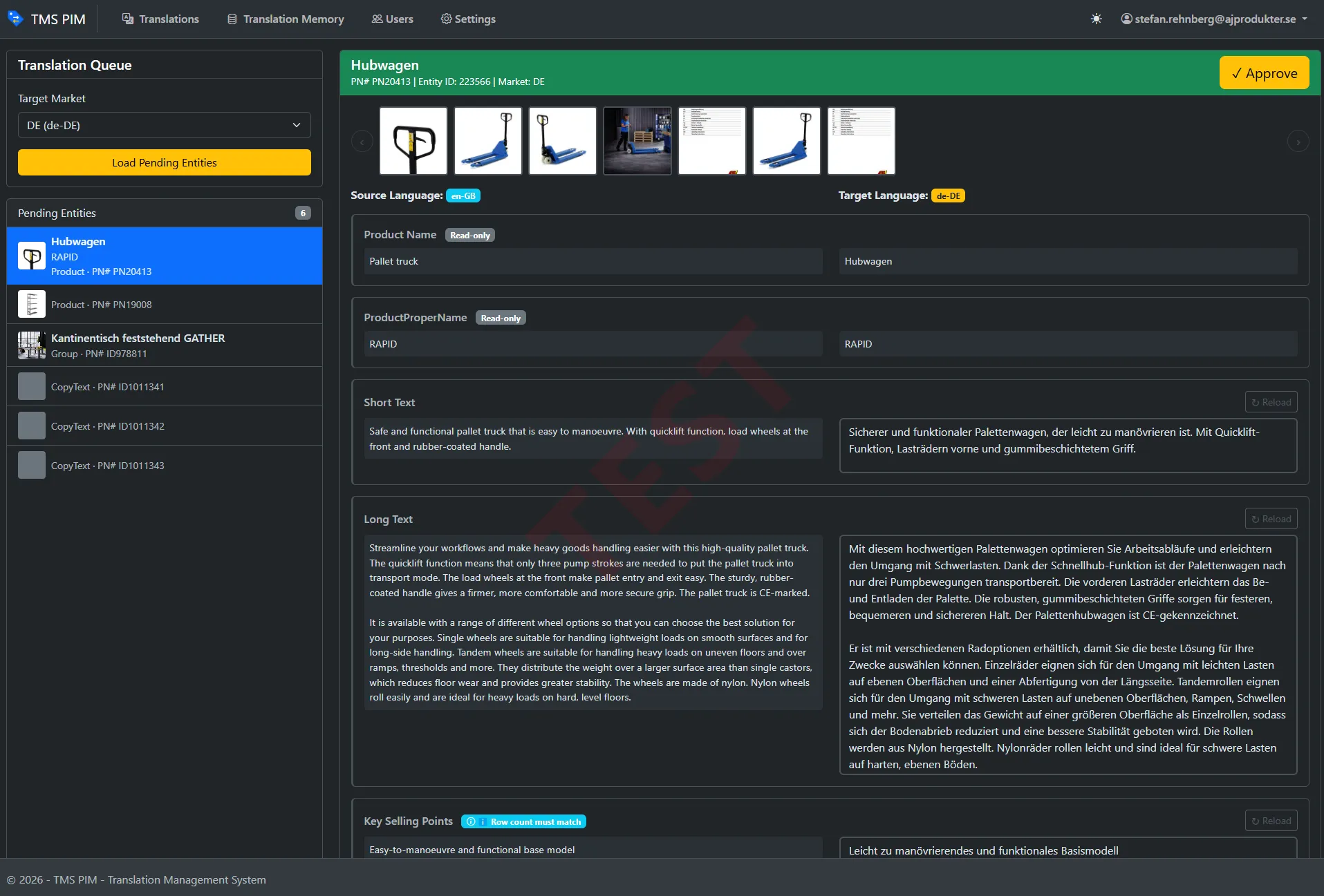 The translation editor for a pallet truck: product photos across the top, then source English and target German side by side for product name, short text and long text, with read-only fields marked