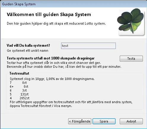 The wizard’s last step: naming the system and testing it against a thousand random draws, with the result showing how often it hit and the count at each number of correct