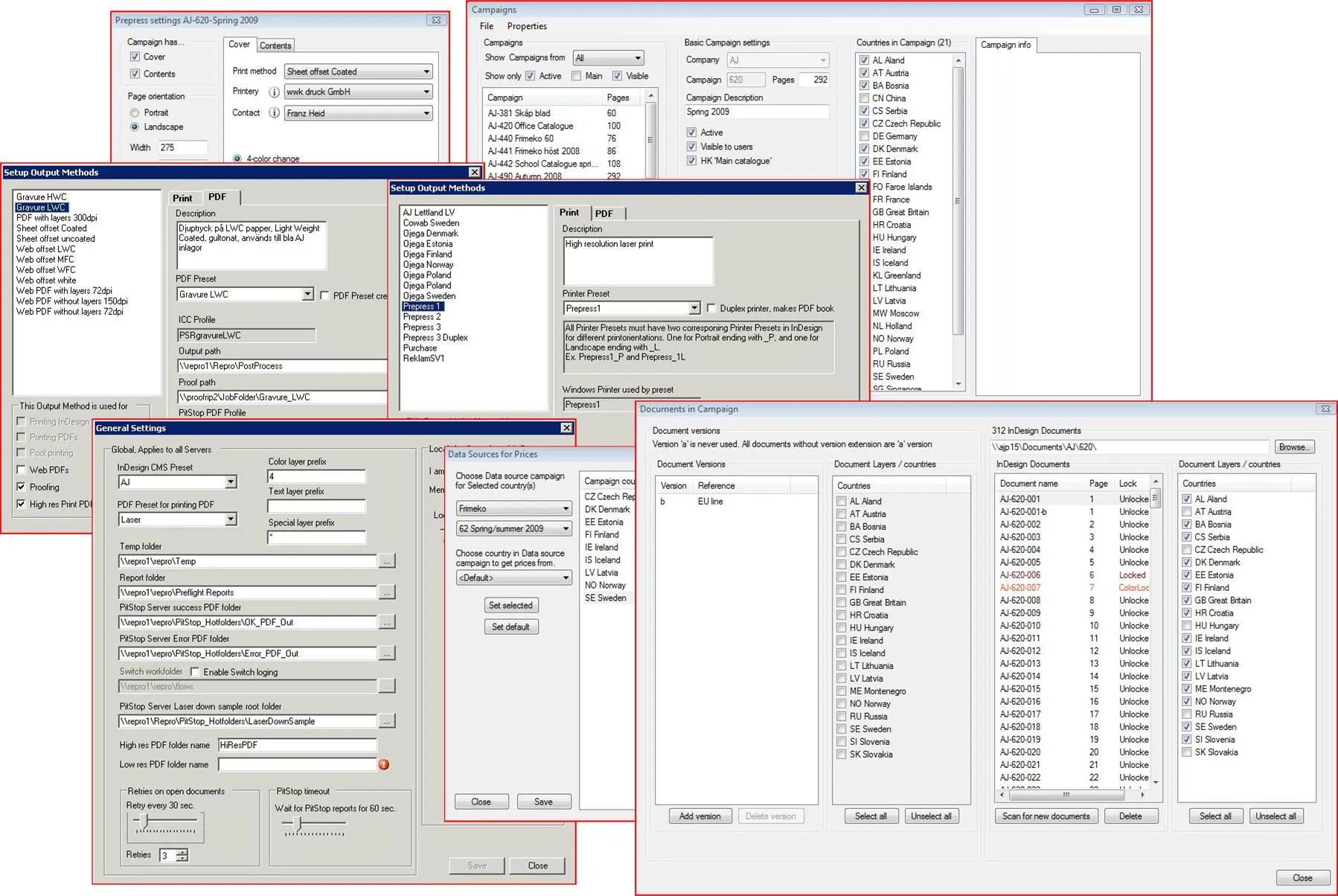 Six of the system's administration dialogs overlaid: campaign setup across 21 countries, output methods with their ICC profiles and PitStop hot folders, price data sources, and one campaign's 312 InDesign documents with per-country layers