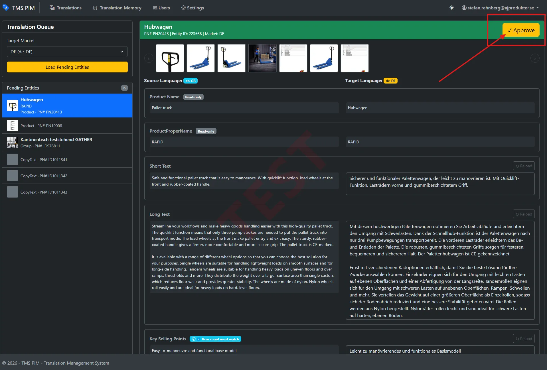 The translation editor with the Approve button in the top right highlighted